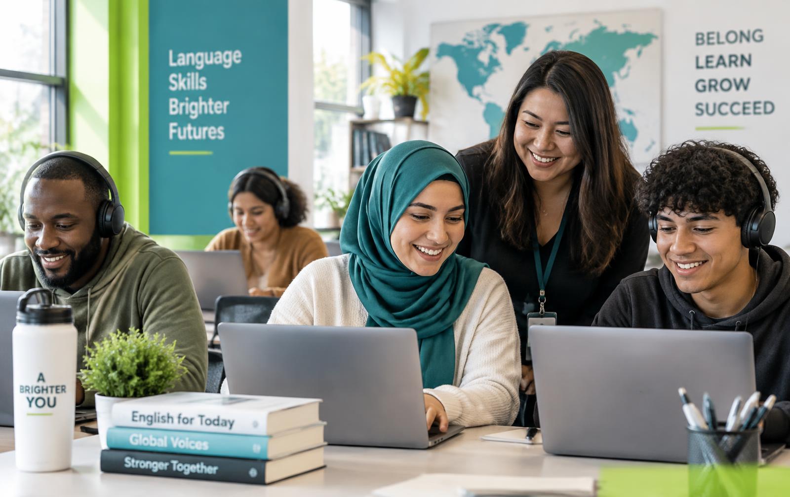 Students learning English in a bright modern classroom